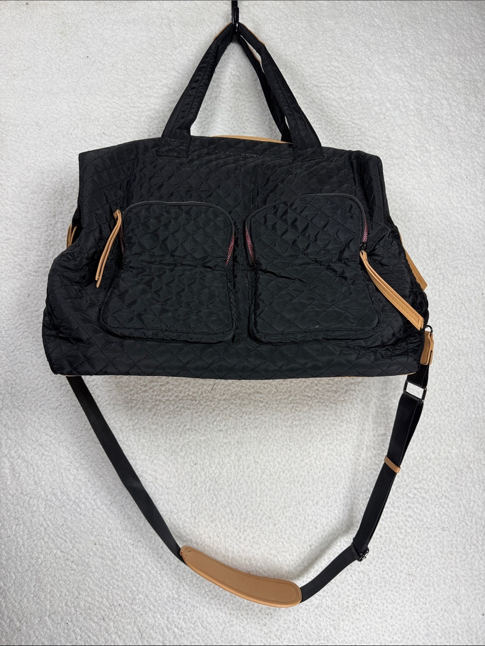(Q8) Adrienne Vittadini quilted nylon canvas bag travel in black with tan strap
